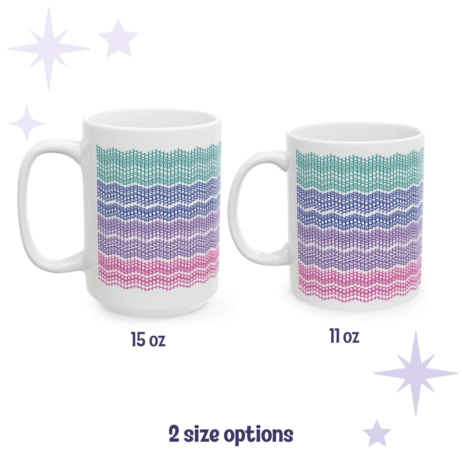 Bright stripes hidden message embroidery mug shown in both 15oz and 11oz sizes side by side