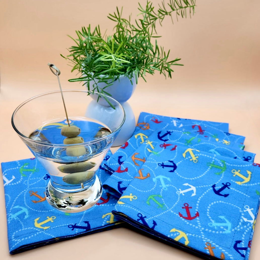 Cocktail Napkins - 100% Cotton - Set of 6 - Anchors Away!