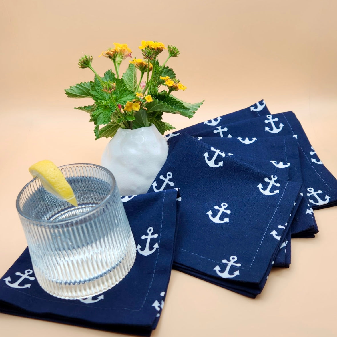 Cocktail Napkins - 100% Cotton - Set of 6 - Anchors on Navy