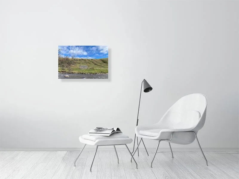 Sample print of a photograph of a stone cottage under a bright blue sky on the bank of the River Tilt in Scotland.