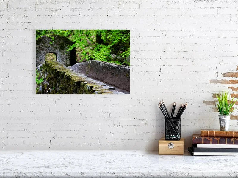 Sample image of Photograph of a stone bridge covered in ivy in a forest in the Scottish highlands.