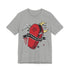 A heather gray short-sleeve t-shirt with a gothic-themed graphic of a red coffin, a black banner reading &