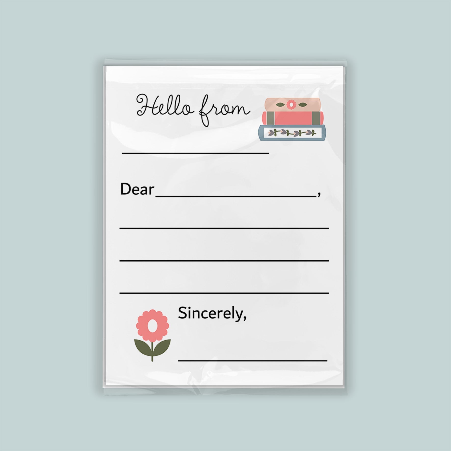 The image is a blank letterhead with a floral design and a message that reads "Hello from Sincerely".
