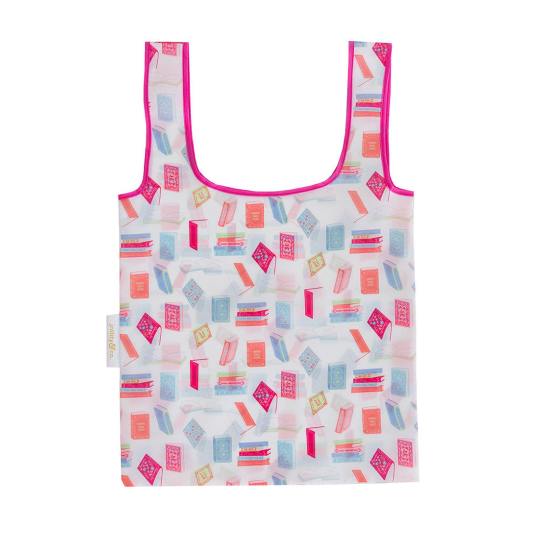 Book Pattern canvas tote bag with all-over illustrated book print design for literary shoppers, Jollity &amp; Co.