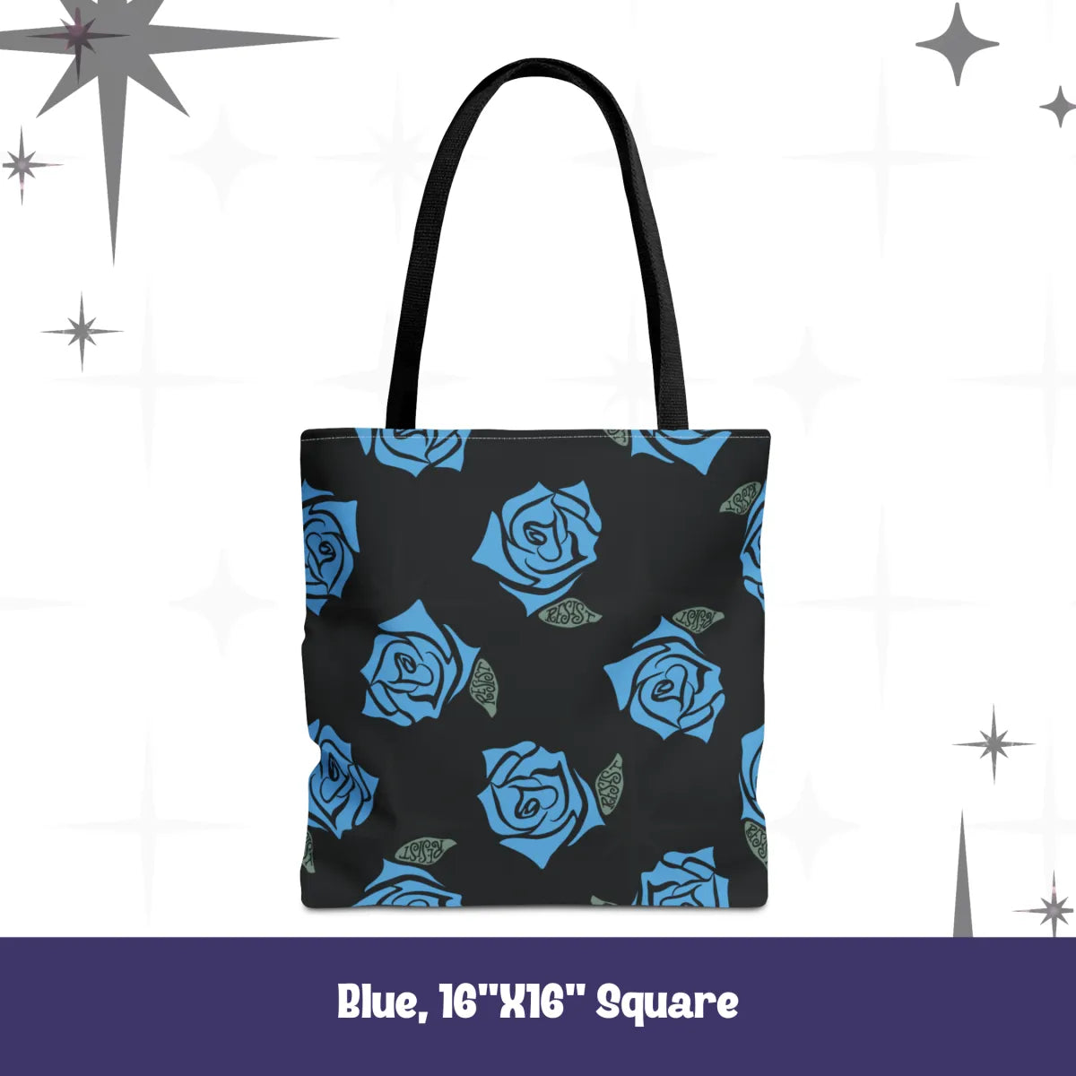 Resist Rose Pattern Tote Bag – Black Floral Statement Carryall, Blue Pink Purple Options