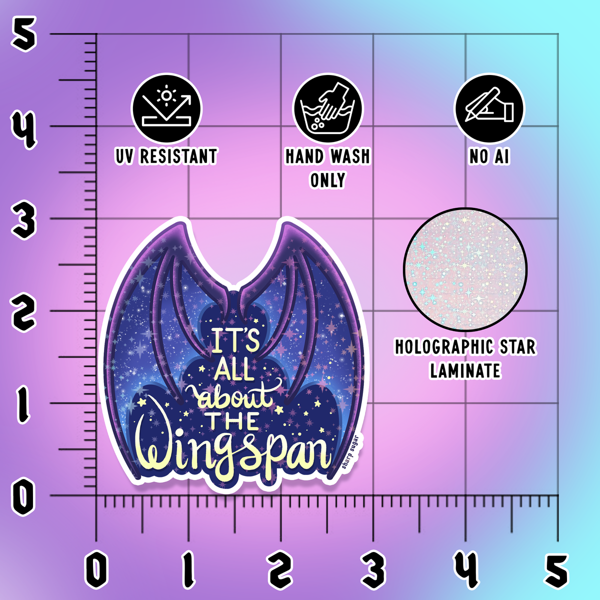A wing-shaped sticker or decal with a purple and blue galaxy design and the text &