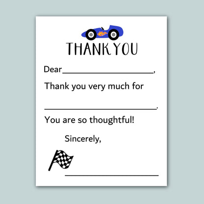 The image is a white card with a blue car and a checkered flag on it. The card has a blank space for a message of thanks, and it appears to be a simple, straightforward thank you note.