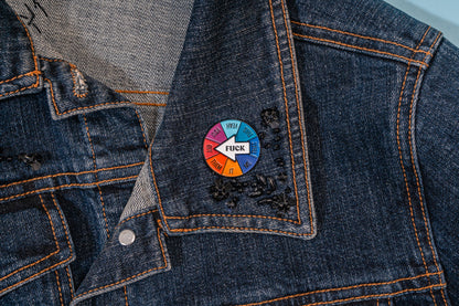 Colorful pin on a denim jacket