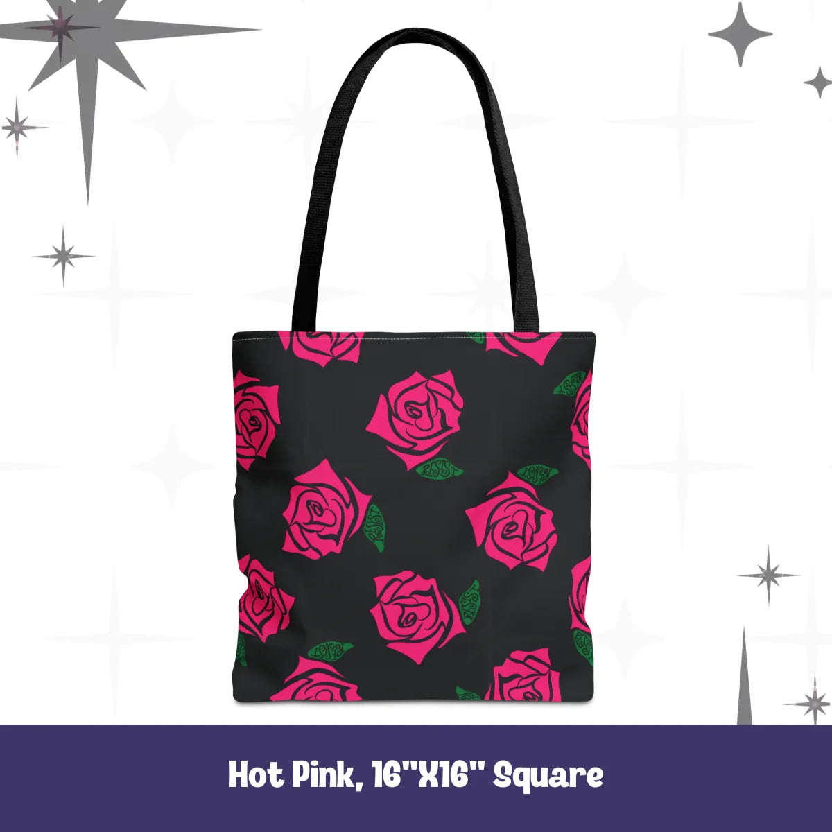 Resist Rose Pattern Tote Bag – Black Floral Statement Carryall, Blue Pink Purple Options