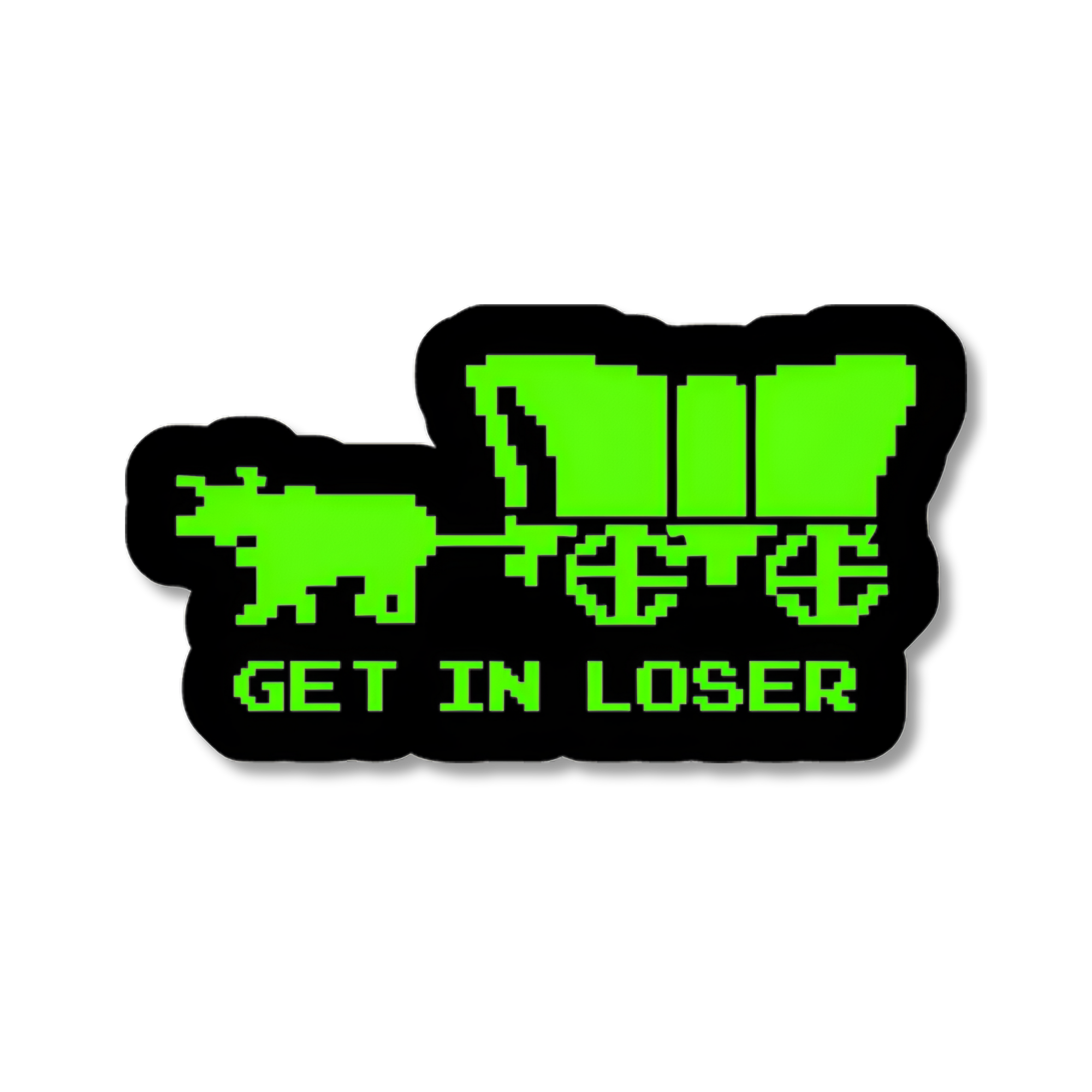 Sticker with pixelated design of a horse-drawn carriage and text &