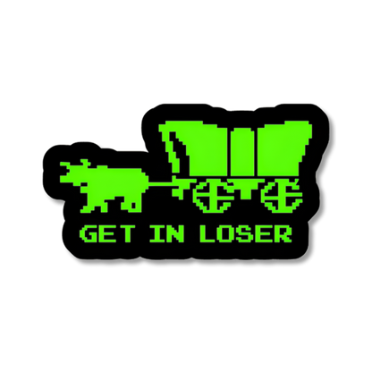 Sticker with pixelated design of a horse-drawn carriage and text &