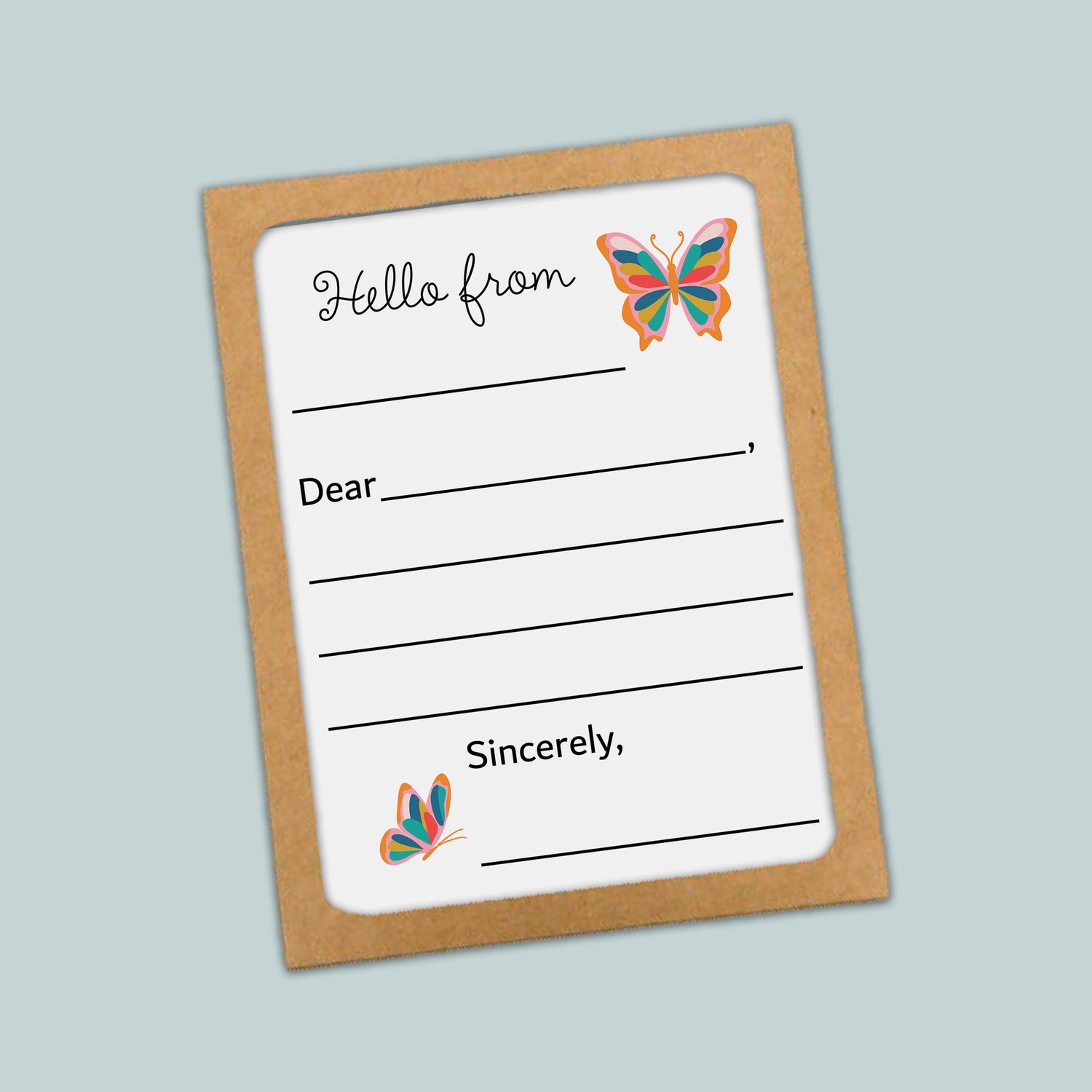 The image is a greeting card with a blank space for a message and two butterflies.