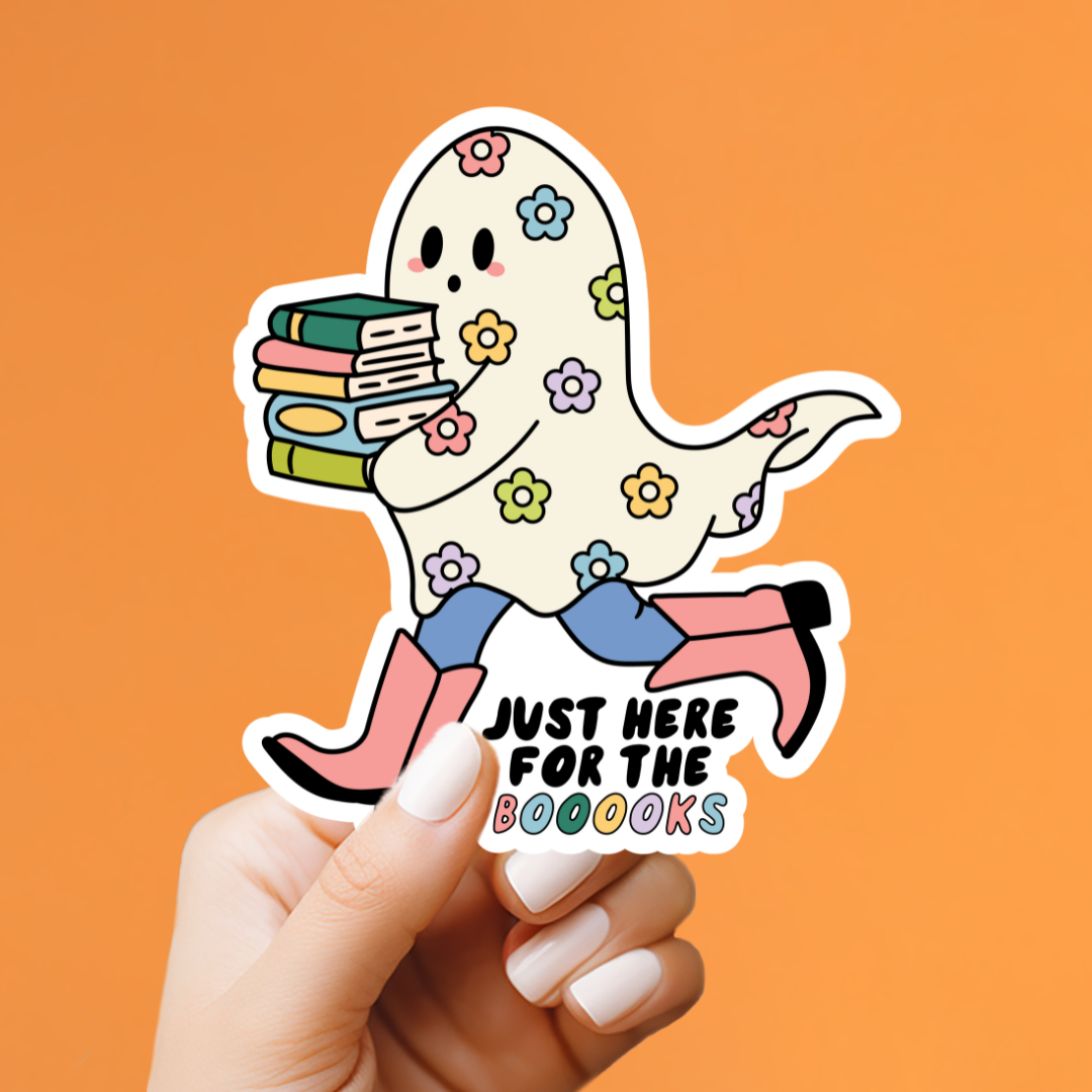 Sticker of a ghost holding books with text &