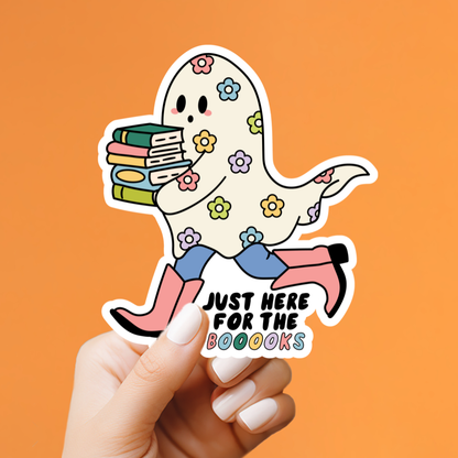 Sticker of a ghost holding books with text &