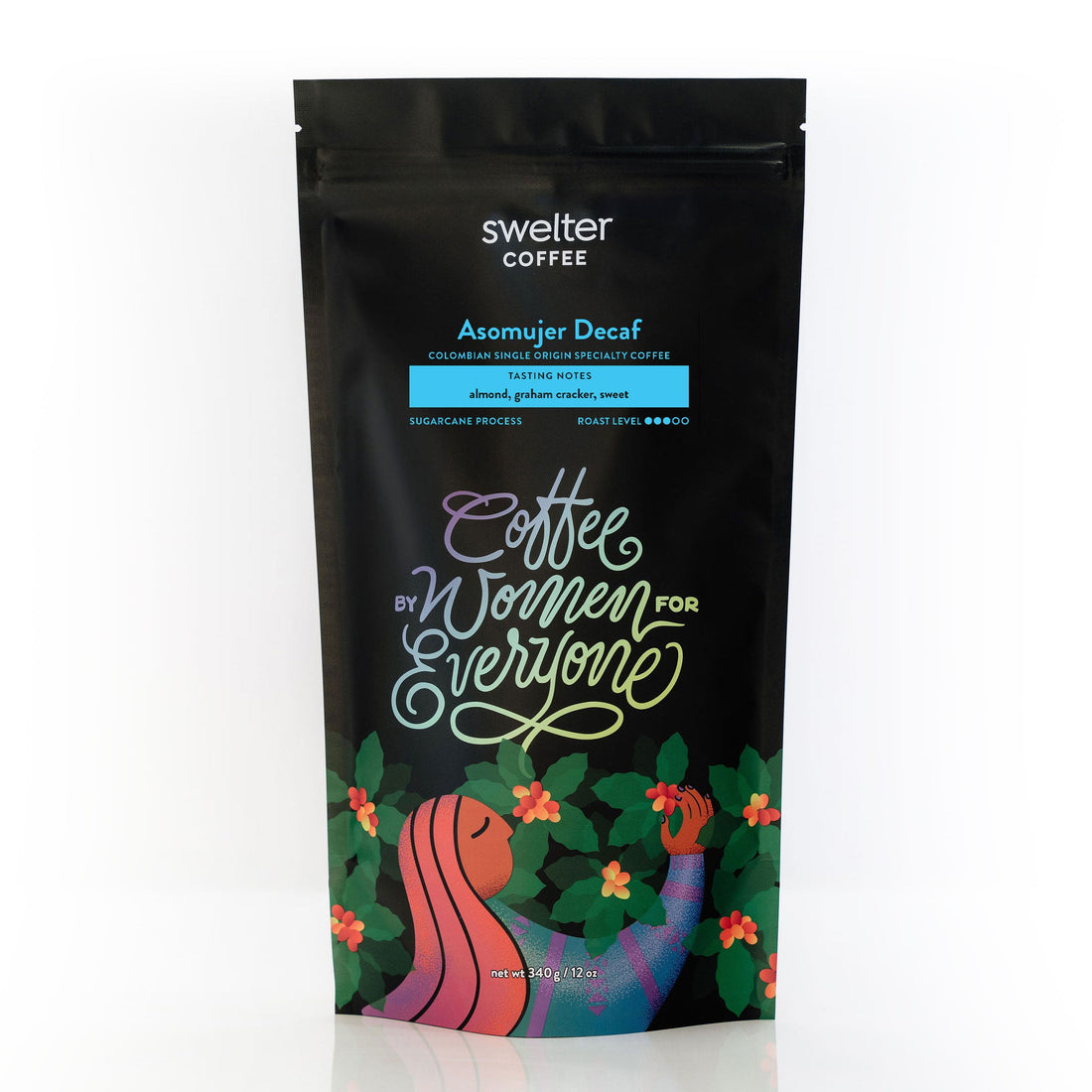 A bag of Swelter Coffee branded single origin Colombian decaf coffee from the Asomujer Women&