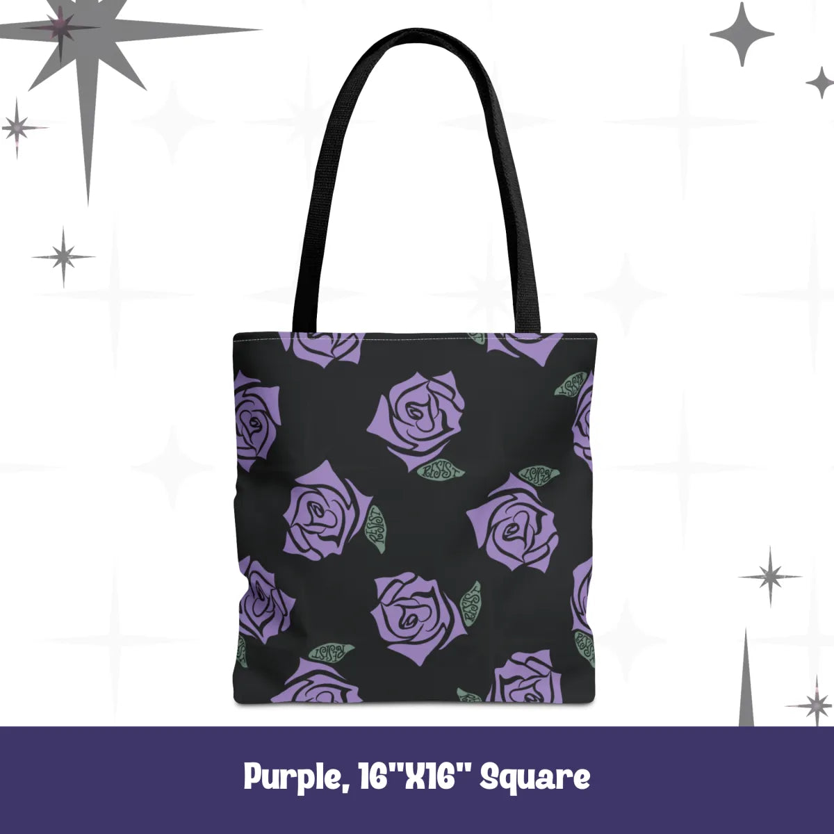 Resist Rose Pattern Tote Bag – Black Floral Statement Carryall, Blue Pink Purple Options