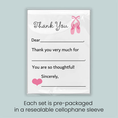 The image is a thank you card with a pink ballet shoe and heart design. Each set is pre-packaged in a resealable cellulophone sleeve.