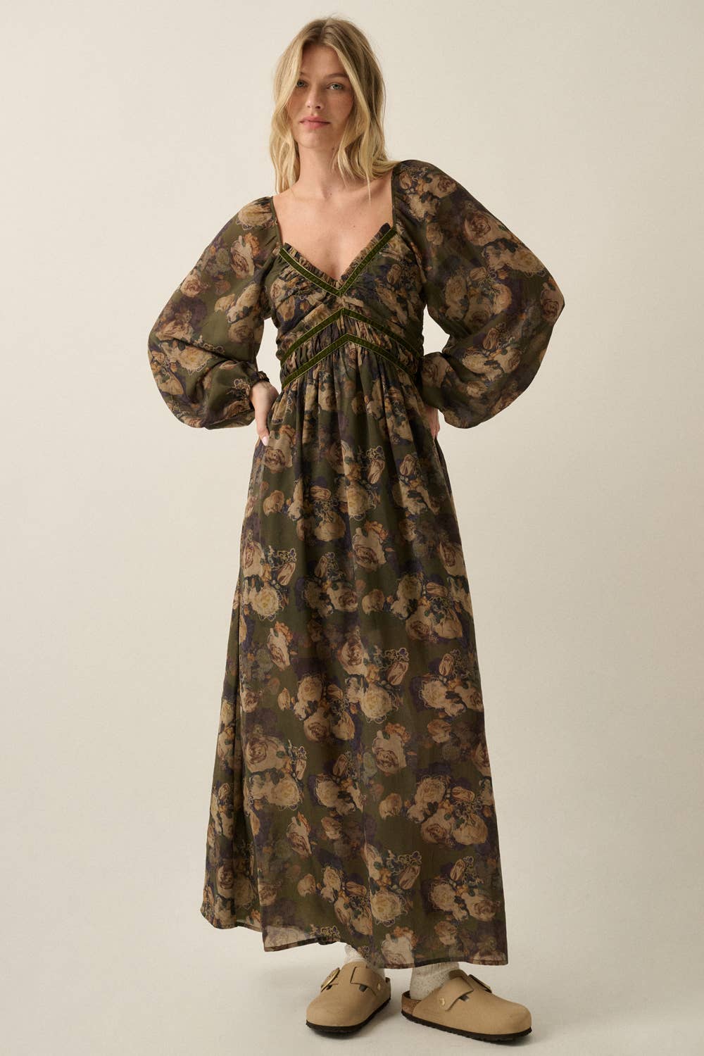 Floral-Print Velvet-Trimmed Bubble-Sleeve Maxi Dress