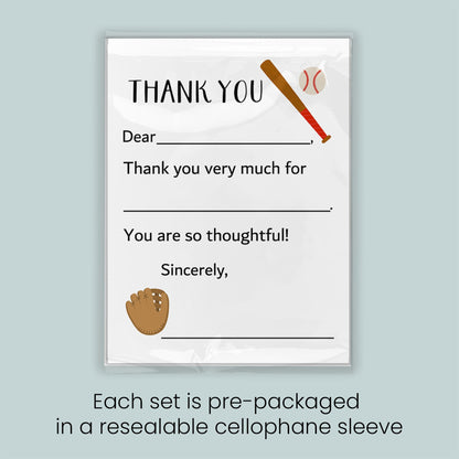 The image is a thank you card with a baseball bat and ball graphic, and it is pre-packaged in a resealable sleeve. Each set is pre-packaged in a resealable cellophane sleeve.