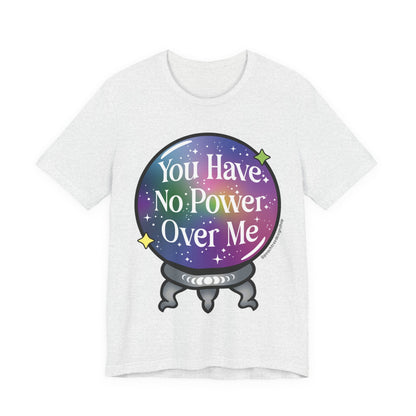 A white short-sleeve t-shirt with a graphic of a crystal ball containing a purple and blue galaxy pattern with the text &