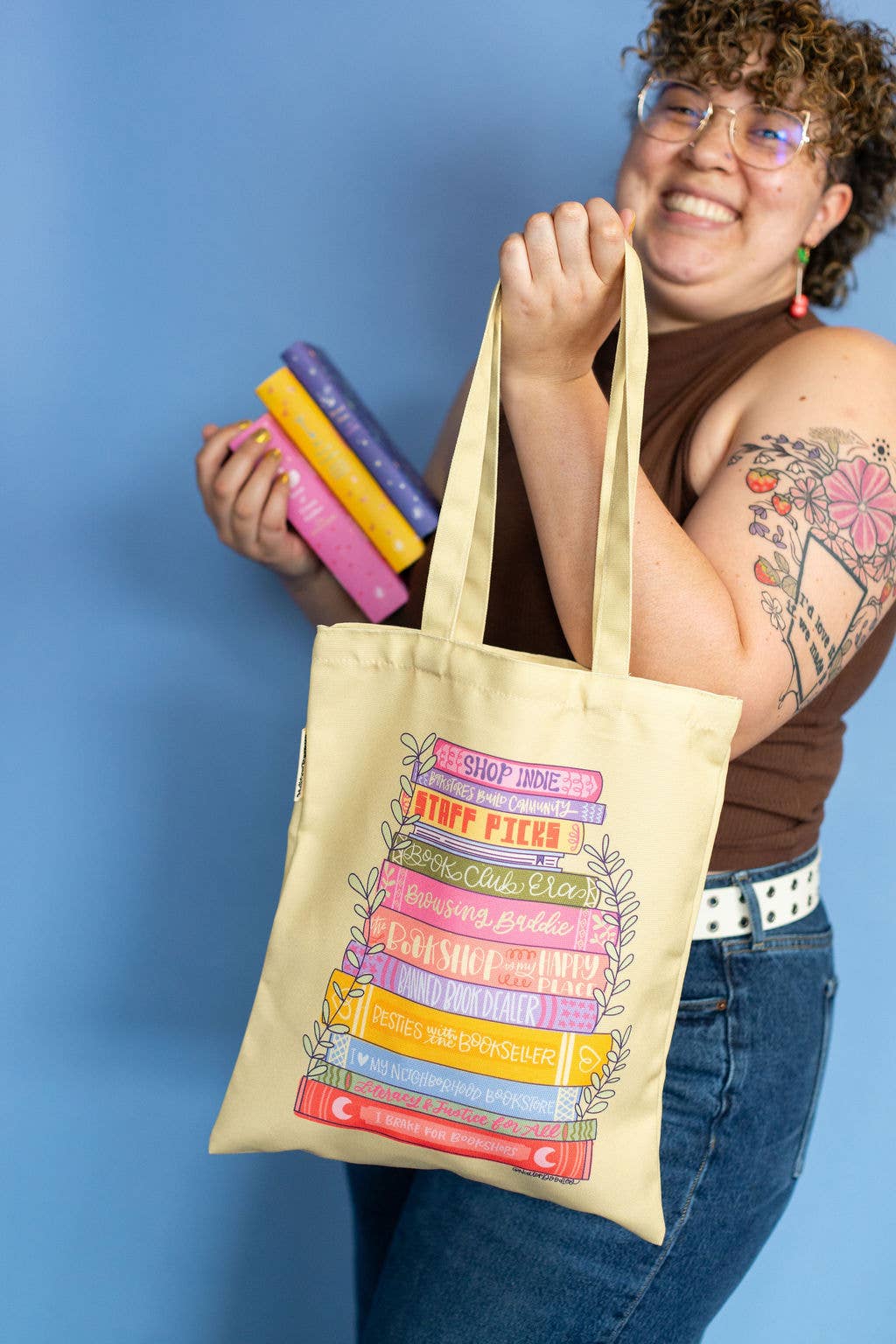 Indie Bookstore Baddie Yellow Bookshop Stack Reader Tote Bag