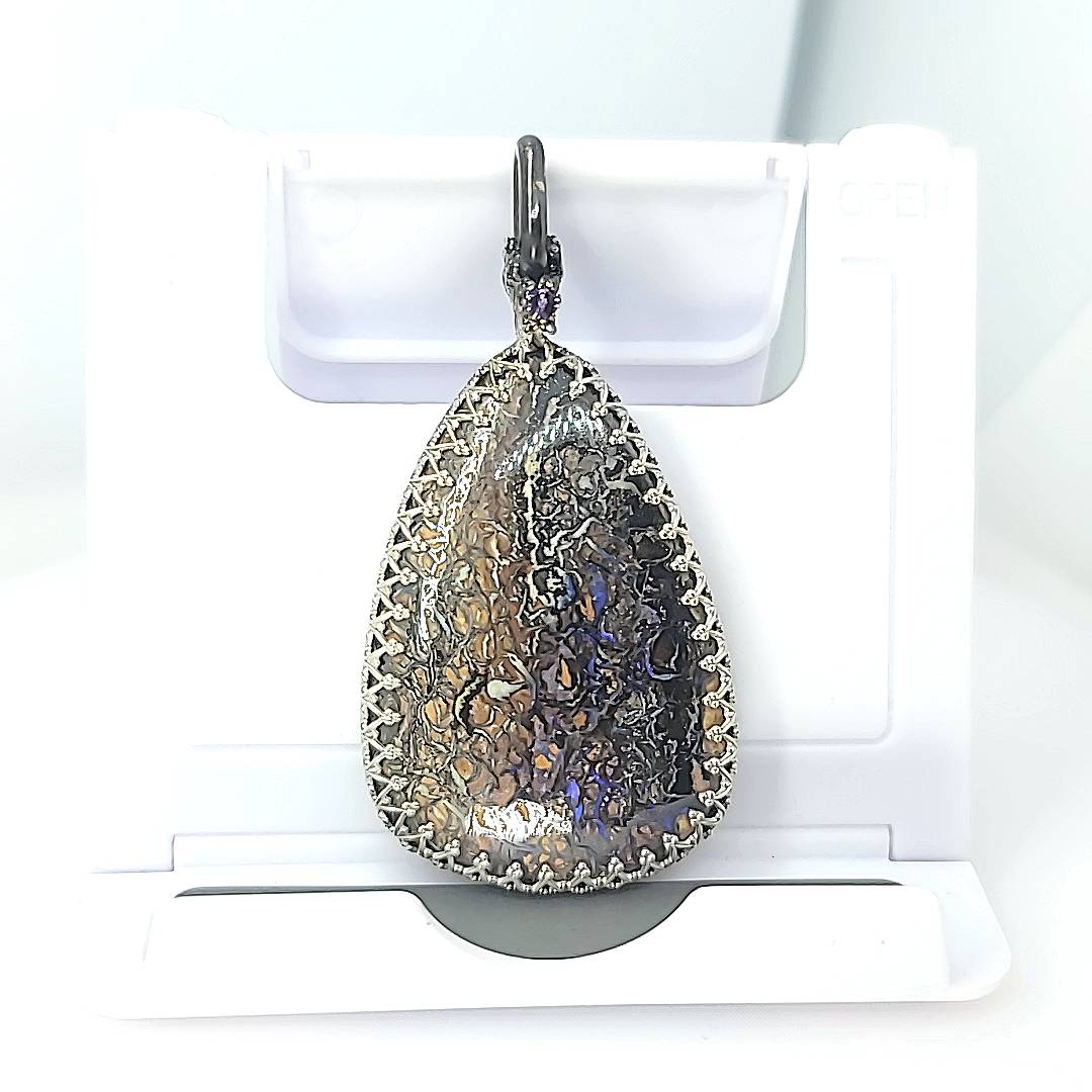 Boulder Opal Sterling Silver Pendant, 2.25 inch, Sapphire Accent, 24 inch Chain
