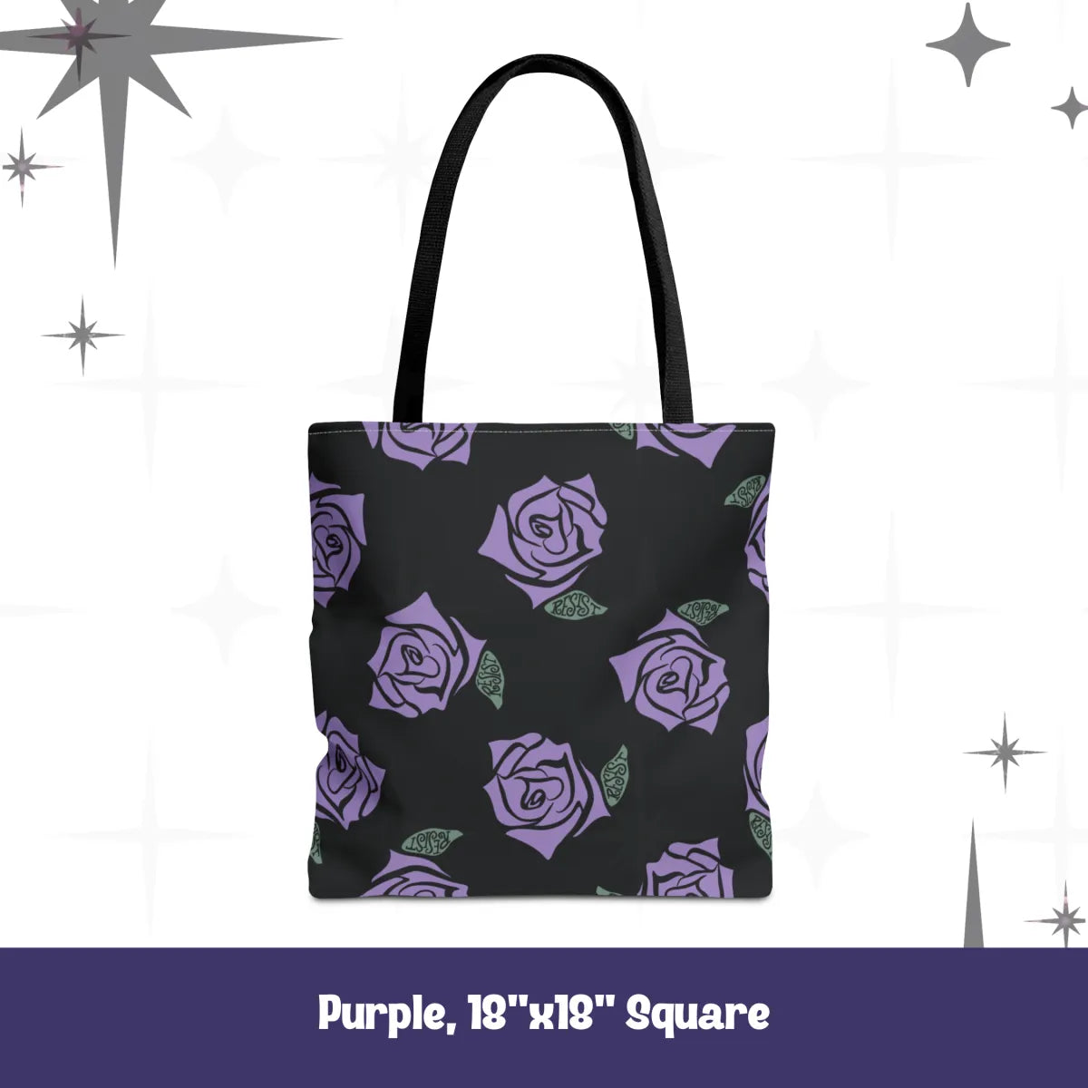 Resist Rose Pattern Tote Bag – Black Floral Statement Carryall, Blue Pink Purple Options