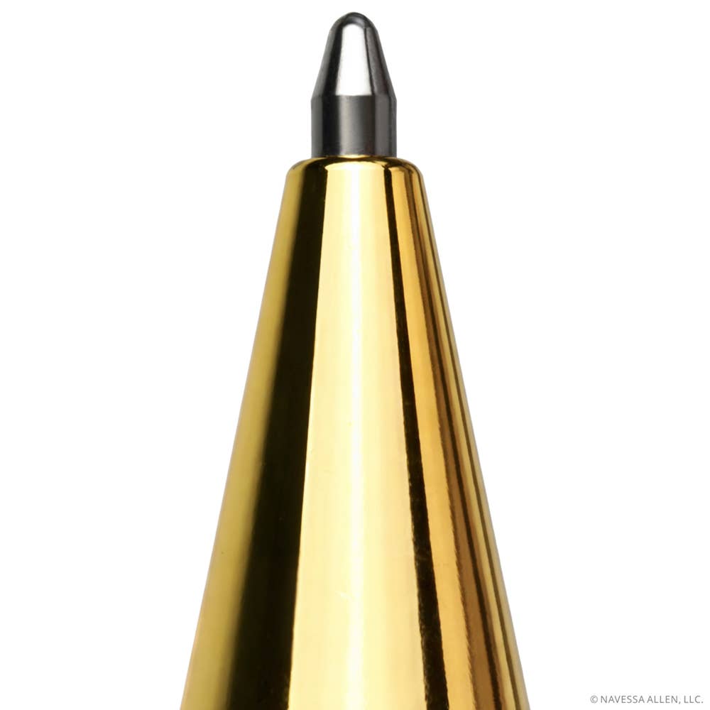 Gold cone-shaped object with a metallic finish on a white background