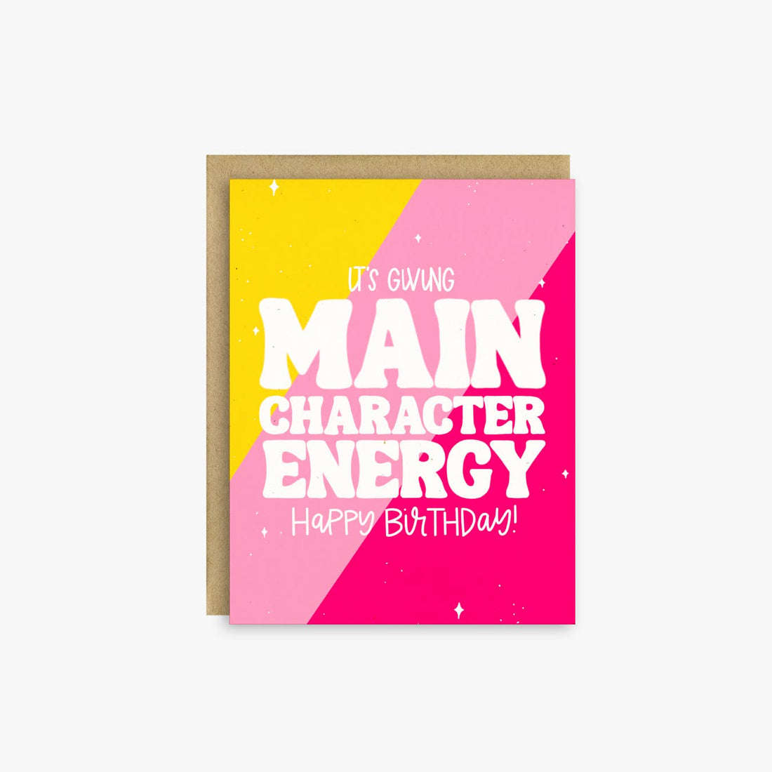 Greeting card with yellow and pink design and text on a white background