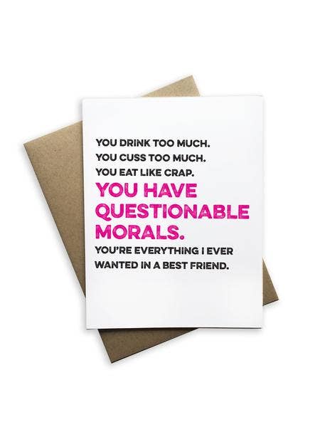 Card with humorous text about friendship on a white background