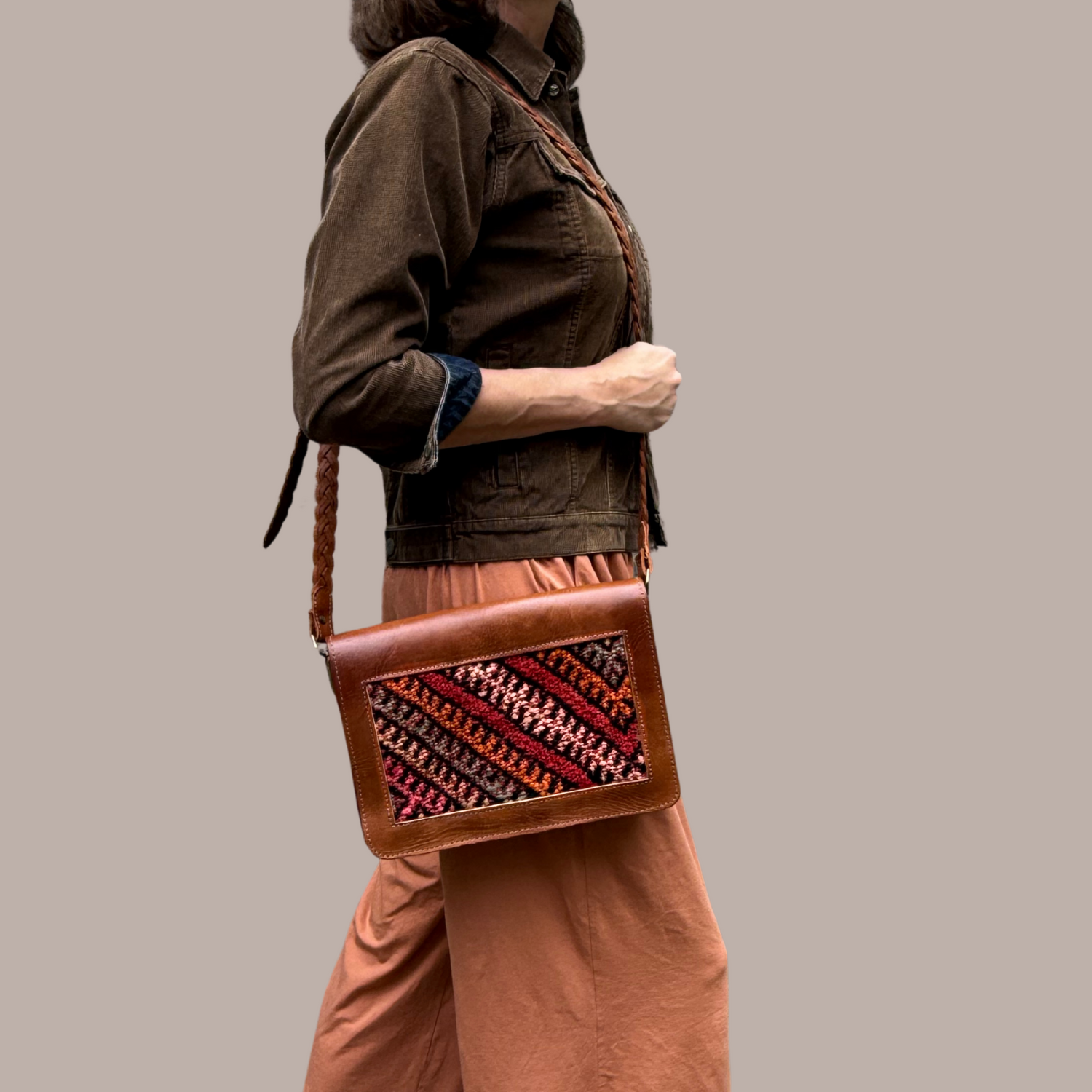 Leather &amp; Kilim Crossbody Bag – Handmade in Morocco from Full-Grain Vegetable-Tanned Leather