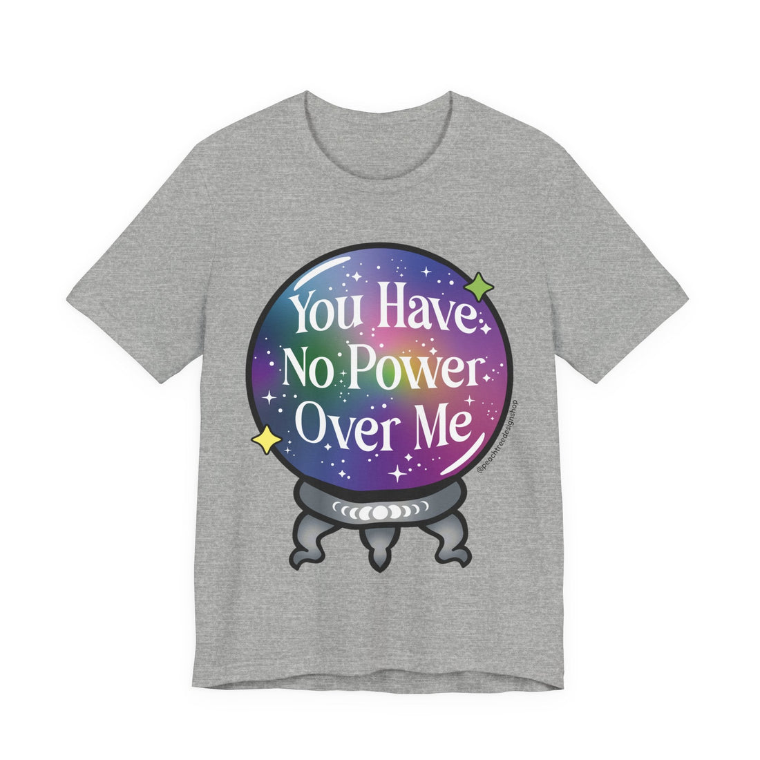 A heather gray short-sleeve t-shirt featuring a colorful graphic of a crystal ball with a galaxy print and the text &