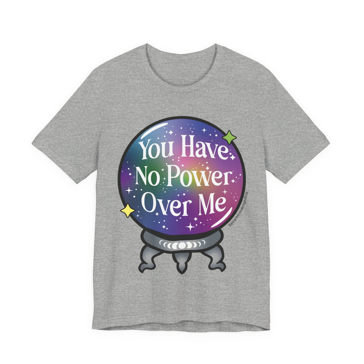 A heather gray short-sleeve t-shirt featuring a colorful graphic of a crystal ball with a galaxy print and the text &