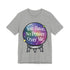A heather gray short-sleeve t-shirt featuring a colorful graphic of a crystal ball with a galaxy print and the text &