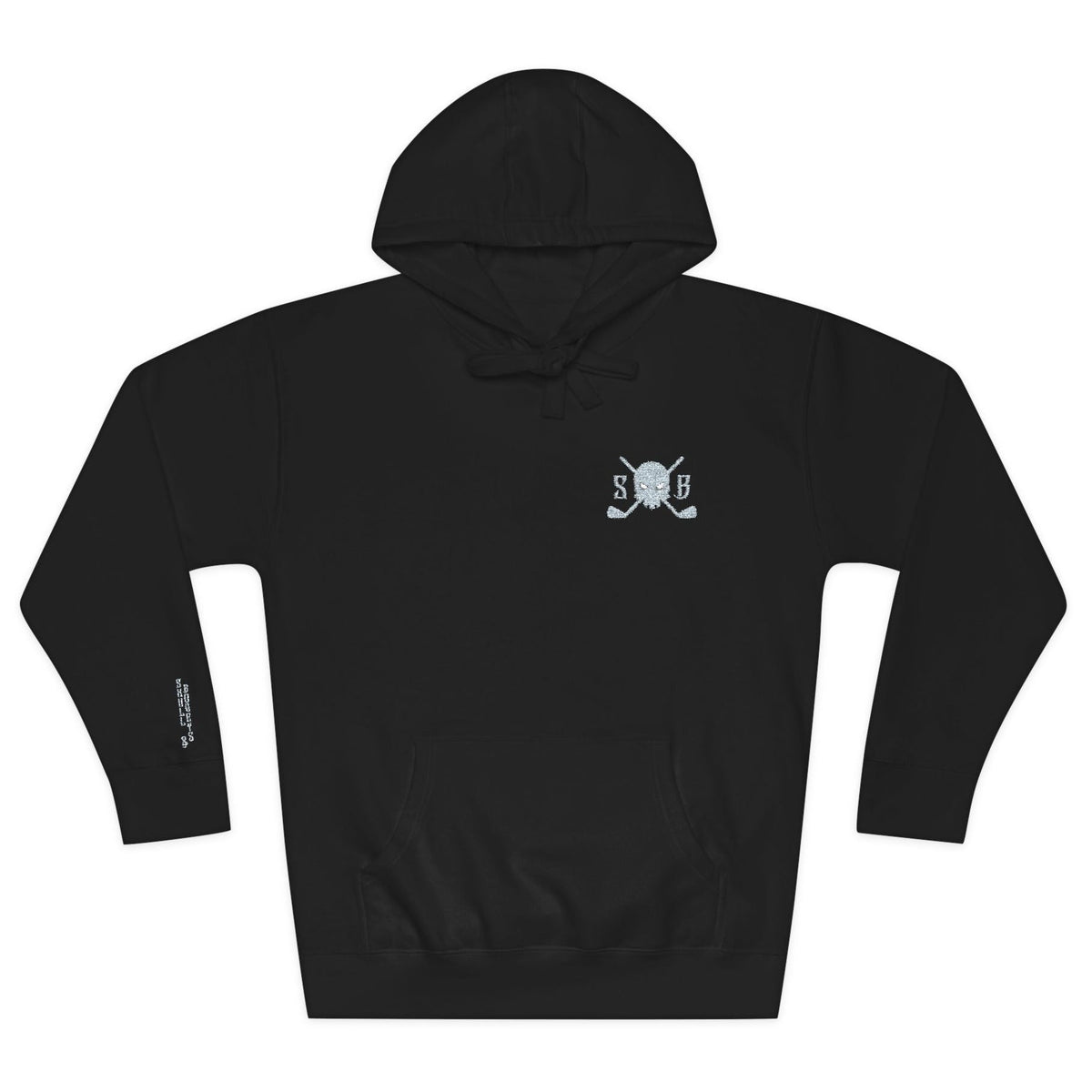 Black hoodie with a logo on the chest against a white background