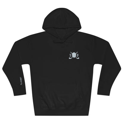 Black hoodie with a logo on the chest against a white background