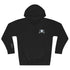 Black hoodie with a logo on the chest against a white background
