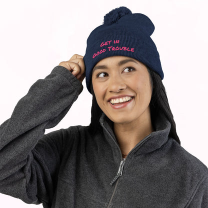 Pom-Pom Knit Cap - Embroidered &