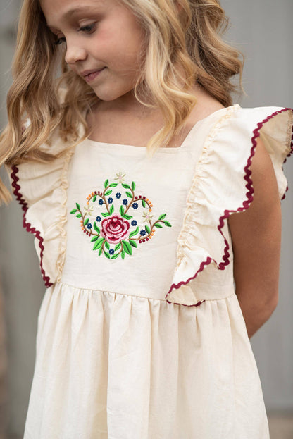 Kids Cream &amp; Burgundy Floral Embroidered Pinafore Dress