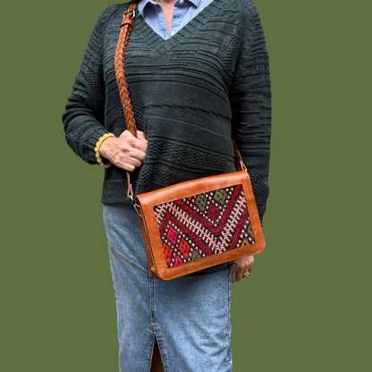 Leather &amp; Kilim Crossbody Bag – Handmade in Morocco from Full-Grain Vegetable-Tanned Leather
