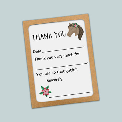 The image is a blank thank you card with a horse illustration on the top left corner.