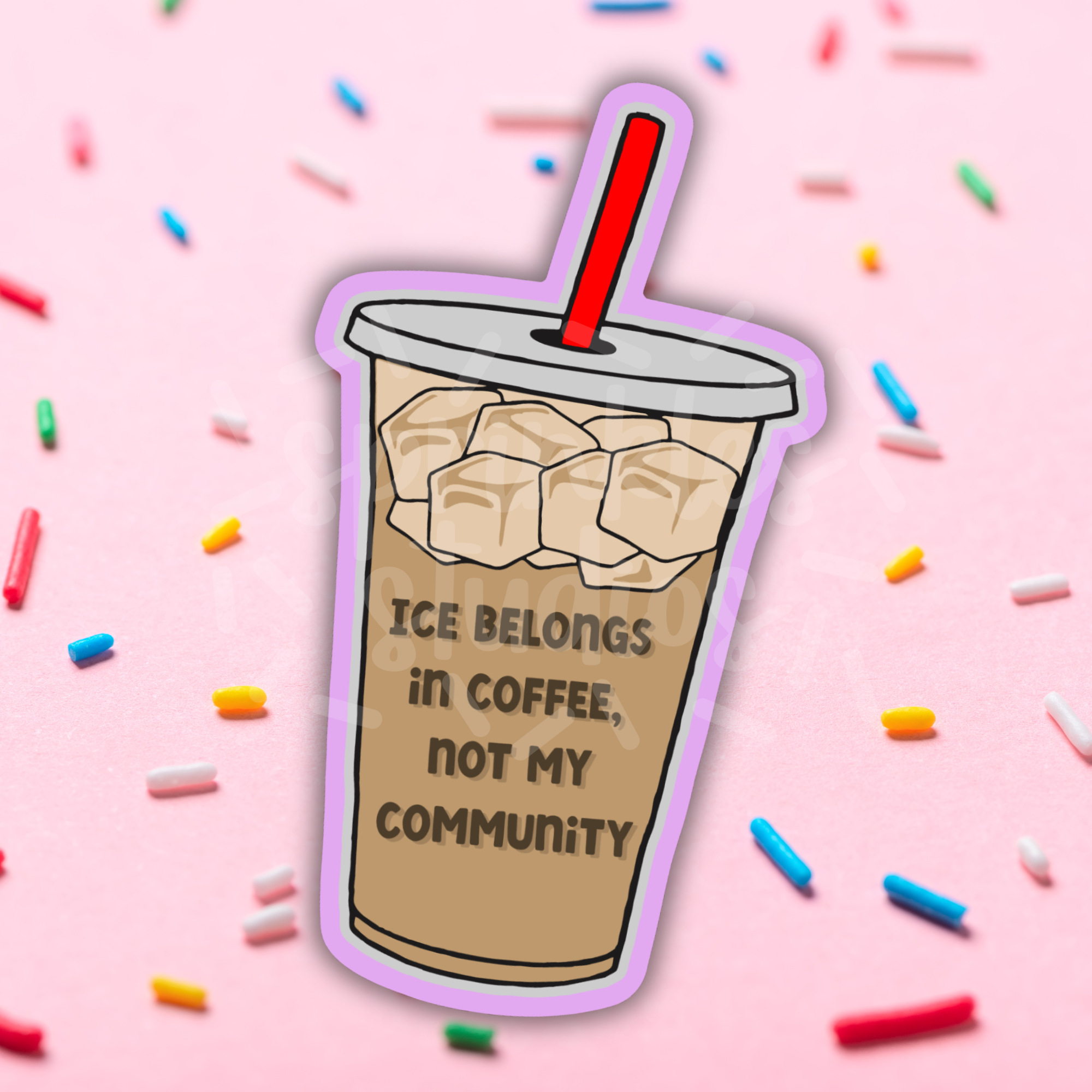 Illustration of an iced coffee cup with text on a pink background with sprinkles