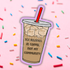 Illustration of an iced coffee cup with text on a pink background with sprinkles