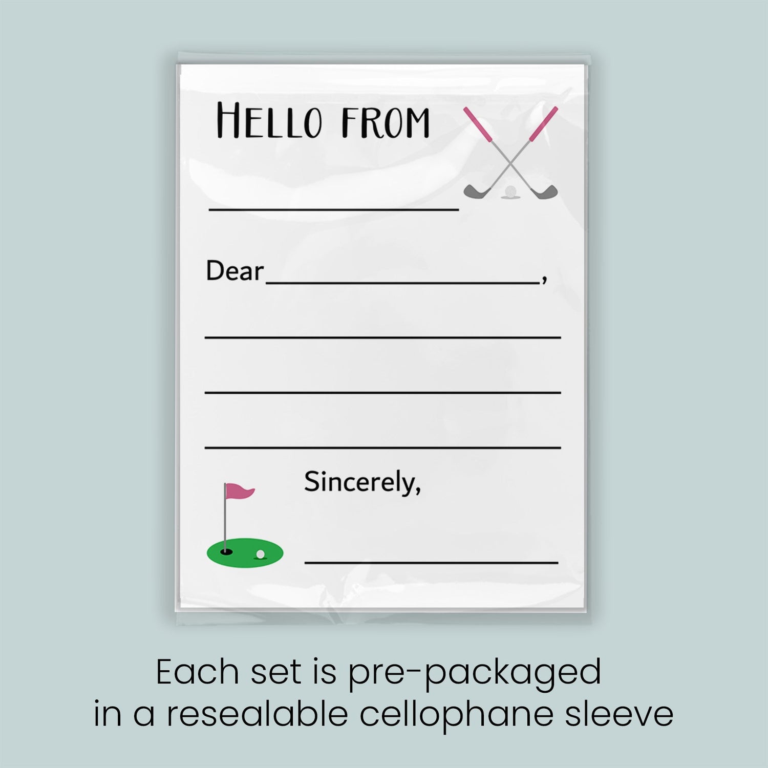 The image is a greeting card with a blank space for a message, a golf club symbol, and a flag, all set against a light blue background. Each set is pre-packaged in a resealable cellophane sleeve.