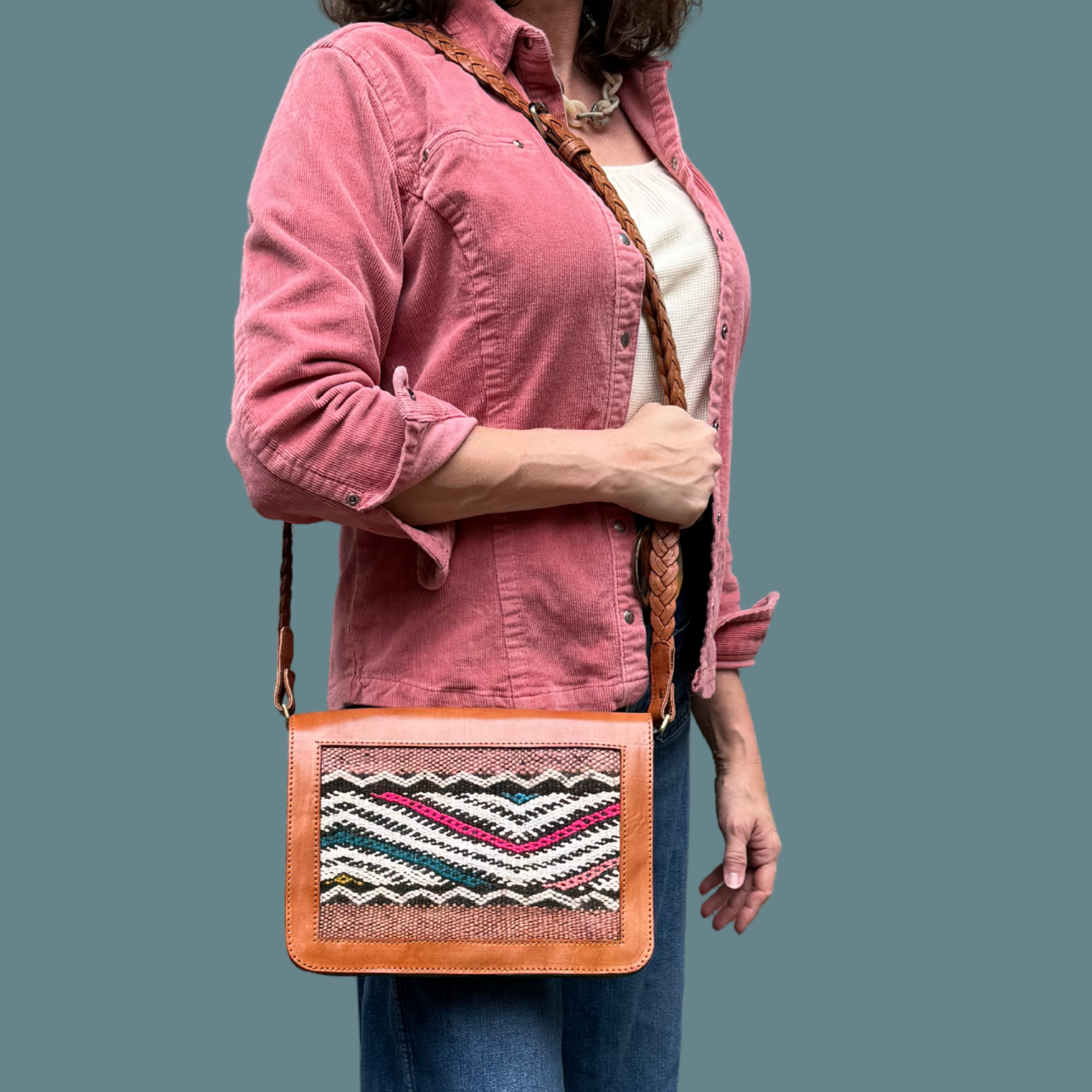Leather &amp; Kilim Crossbody Bag – Handmade in Morocco from Full-Grain Vegetable-Tanned Leather