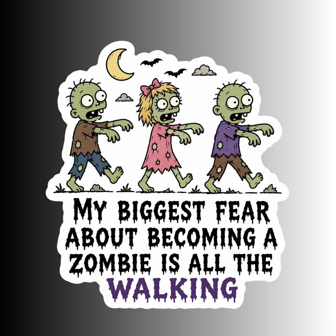 A die-cut sticker featuring three cartoon zombies walking under a crescent moon and clouds, with the text &
