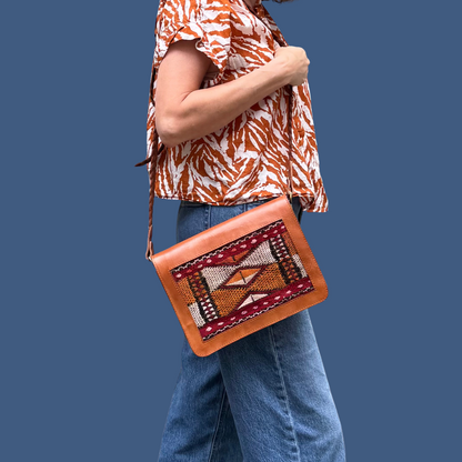 Leather &amp; Kilim Crossbody Bag – Handmade in Morocco from Full-Grain Vegetable-Tanned Leather
