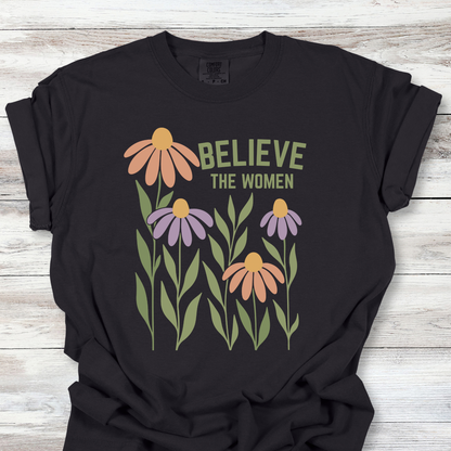 Feminist T-Shirt, Floral Believe the Women Epstein Survivors