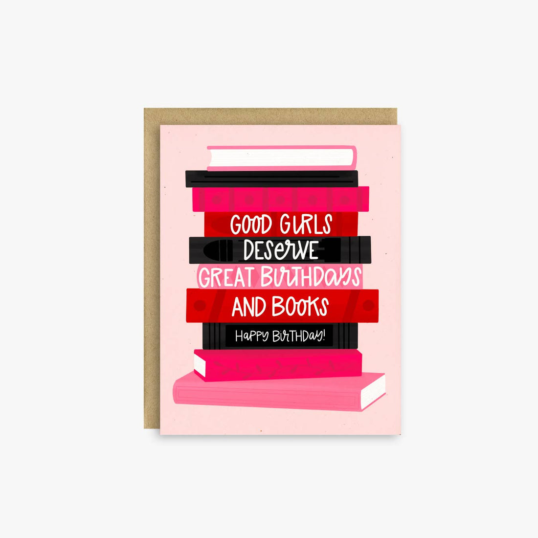Card with books design and text on a pink background