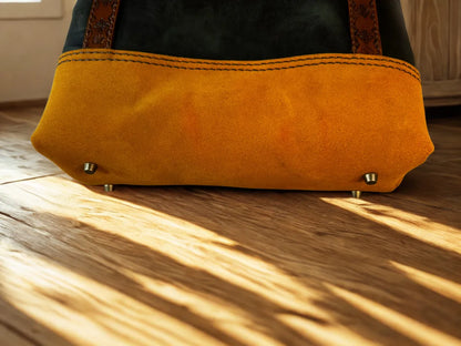 One of a Kind Handmade Earthtone Leather Tote with Stamped Leather Handles and Brass Feet
